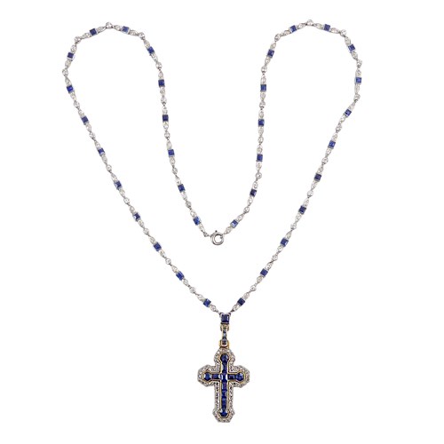 Early 20th century sapphire and diamond chain necklace and cross pendant, c.1905,